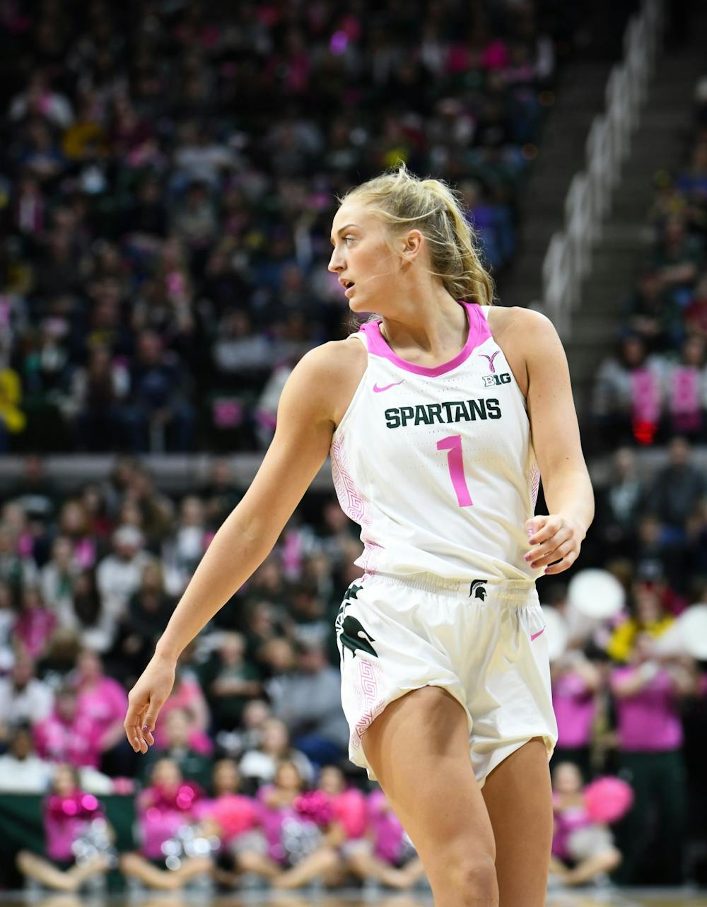 Sophomore guard Tory Ozment (1) during the women's basketball game against Michigan at the Breslin Center on February 23, 2020. The Spartans fell to the Wolverines 65-57. 