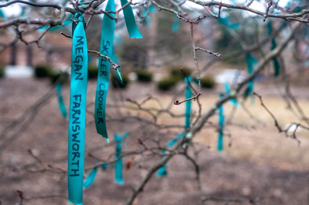 Two ribbons read “MEGAN FARNSWORTH” and “SKYLER COOMER on the Hawthorn tree outside of the Wills House on Jan. 15, 2019. In 2018 Sister Survivors came together to tie prayer ribbons on the tree to signify the 300 survivors.