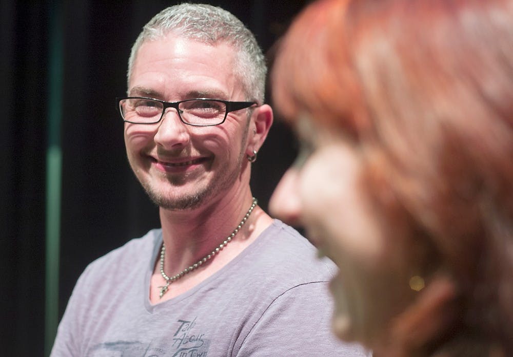 	<p>Windsor, Ontario, Canada resident and star of the film &#8220;Transbeing&#8221; Kael Sharman speaks to a crowd about his experiences and struggles of transitioning from female to male. Sharman is now an openly transgender high school teacher and parent. Brian Palmer/ The State News</p>