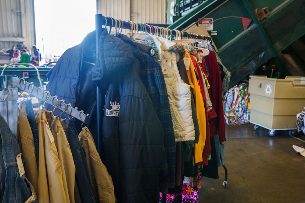 A rack of jackets on display as part of the clothing swap at the Go Green Mini Fest, held at the MSU Recycling Center on Oct. 1, 2022.