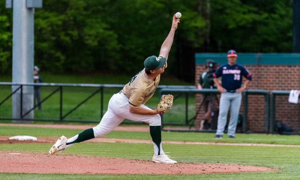 <p>Junior pitcher Mitchell Tyranski (36) pitches the ball against Illinois. The Spartans beat the Fighting Illini, 5-2, at McLane Baseball Stadium on May 17, 2019. </p>