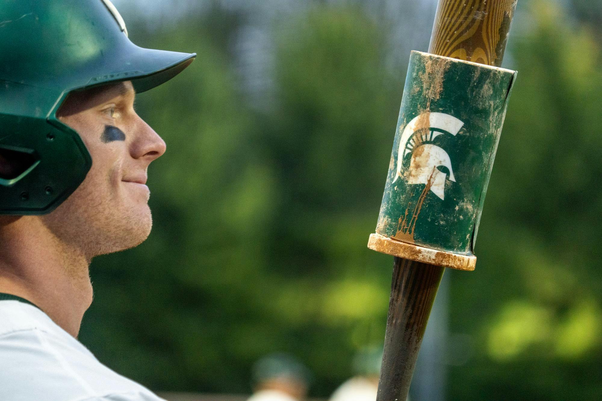 Michigan State senior catcher Noah Bright (18) prepares to bat against Eastern Michigan at Ishbia Field in McLane Stadium in East Lansing, Michigan on May 6, 2025. The Spartans won 3-1 and secured their 2,500th all-time win in program history. 