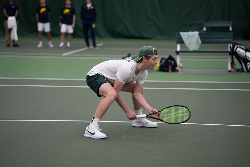 <p>Sophomore Max Sheldon gets ready for a serve during his doubles match with junior Graydon Lair against Michigan at the MSU Tennis Center on March 30, 2023. The Spartans lost to the Wolverines 6-1.</p>