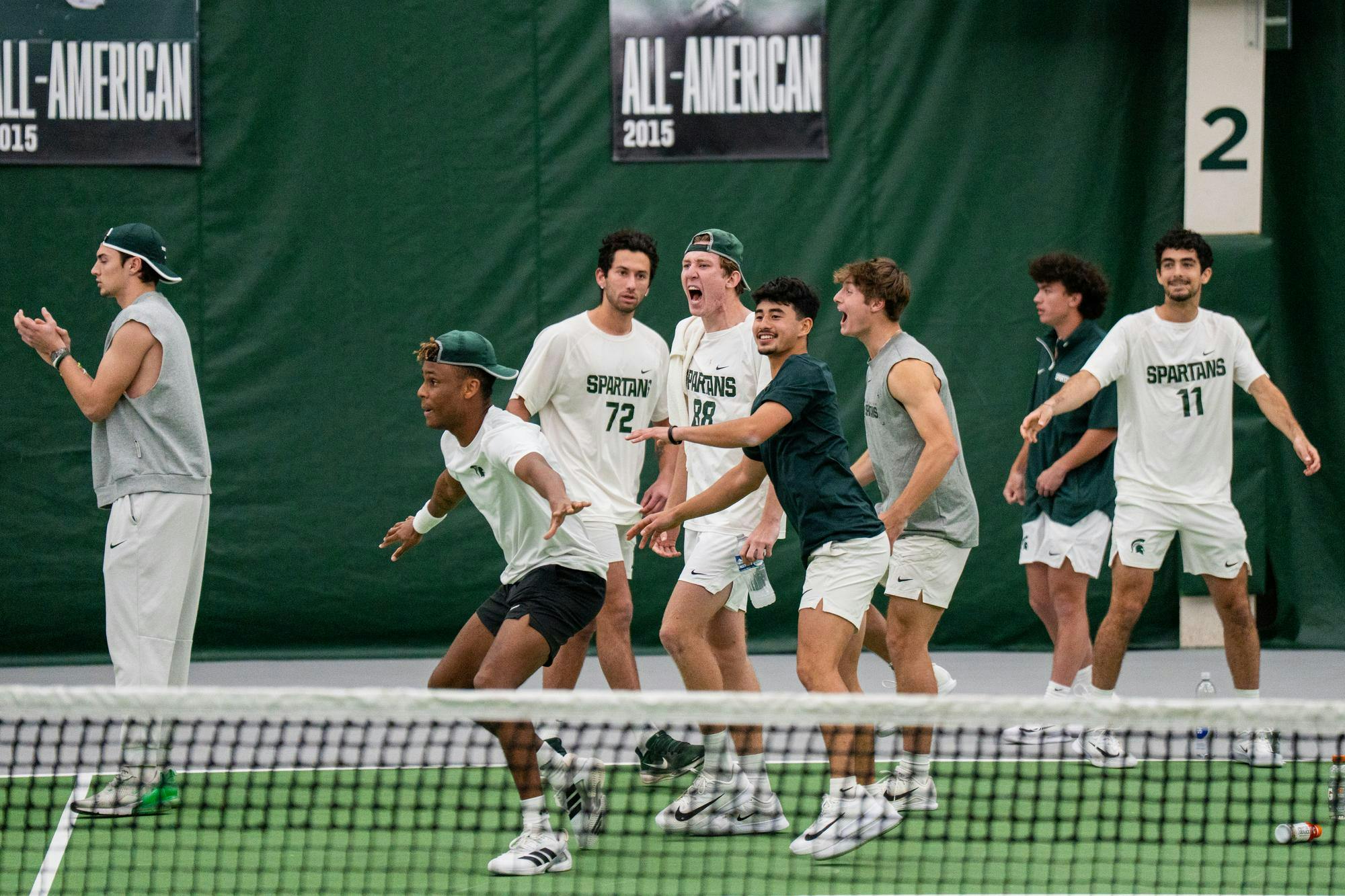 <p>MSU men's tennis celebrates a point in the MSU Tennis Center in East Lansing, Mich. on March 27, 2026.</p>