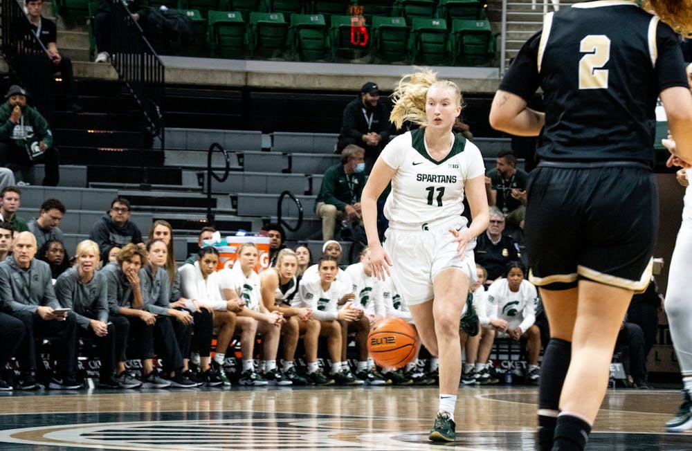 <p>Sophomore guard/forward Matilda Ekh (11) dribbles the ball at the basketball game against Oakland at the Breslin Center on Nov. 15, 2022. The Spartans defeated the Grizzlies 85-39. </p>