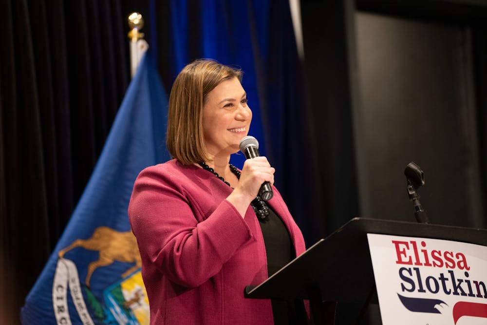 Congresswoman Elissa Slotkin speaks to guests at the Slotkin watch party on Election Day at the Graduate Hotel in East Lansing on Nov. 8, 2022. 