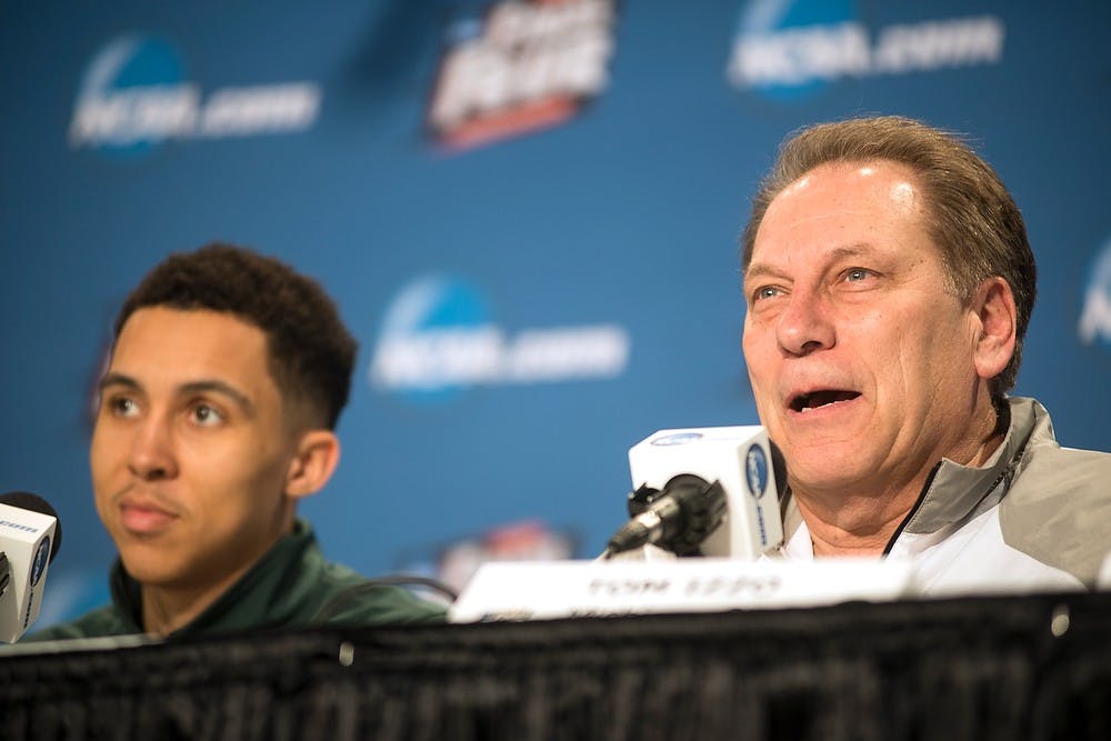 <p>Head coach Tom Izzo answers a question April 3, 2015, during a press conference at the NCAA Tournament in the Final Four round at Lucas Oil Stadium in Indianapolis, Indiana. Erin Hampton/The State News</p>