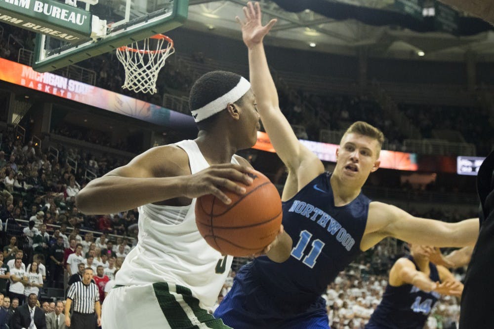 Freshman guard Cassius Winston (5) inbounds the ball during the basketball game against Northwood on Oct. 27, 2016 at Breslin Center. The Spartans defeated the Timberwolves, 93-69. 