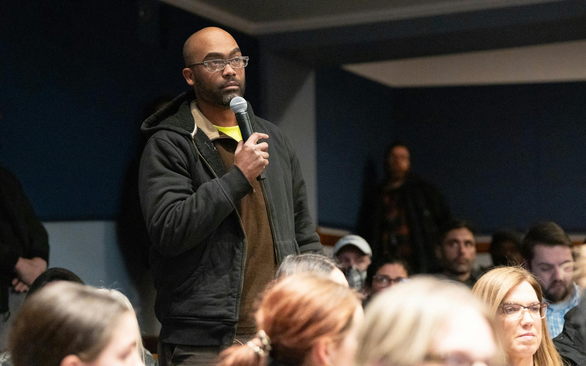 <p>David Ferguson finishes a passionate speech delivered to the crowd at Hannah Community Center on Friday, Jan. 27. The event was hosted by East Lansing Mayor Ron Bacon in light of recent public safety concerns within East Lansing's public schools.</p>