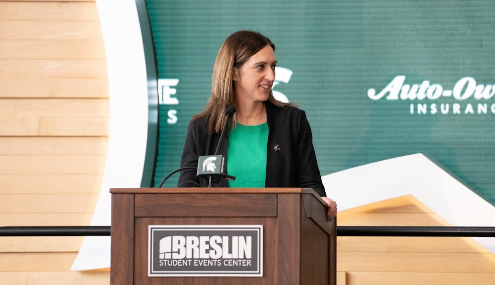 <p>New MSU head women's basketball coach Robyn Fralick speaking at the press conference held at the Breslin Center on, Apr. 4, 2023.</p>