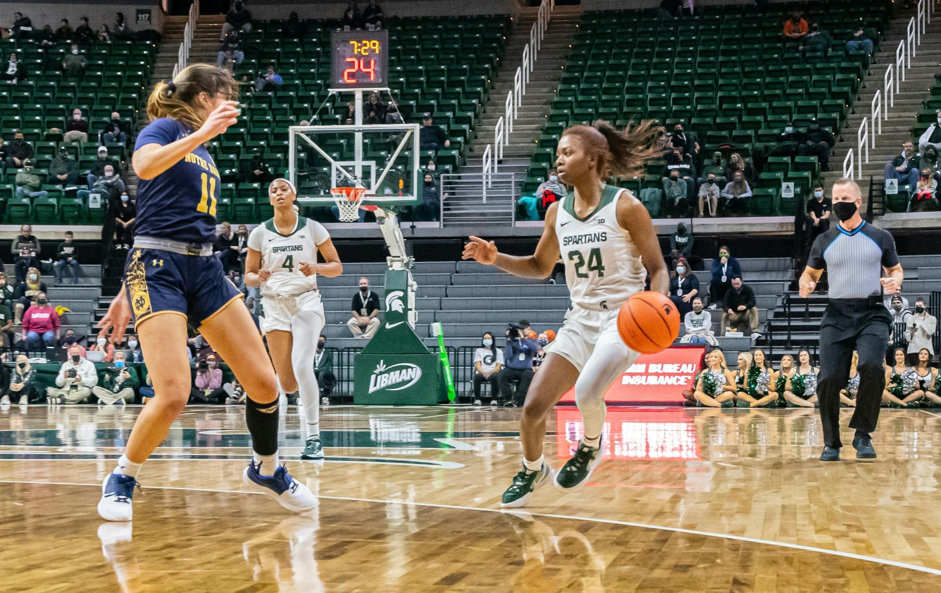 <p>Notre Dame&#x27;s freshman guard Sonia Citron (11)  defends against senior guard Nia Clouden (24) during Michigan State&#x27;s loss on Dec. 2, 2021.</p>