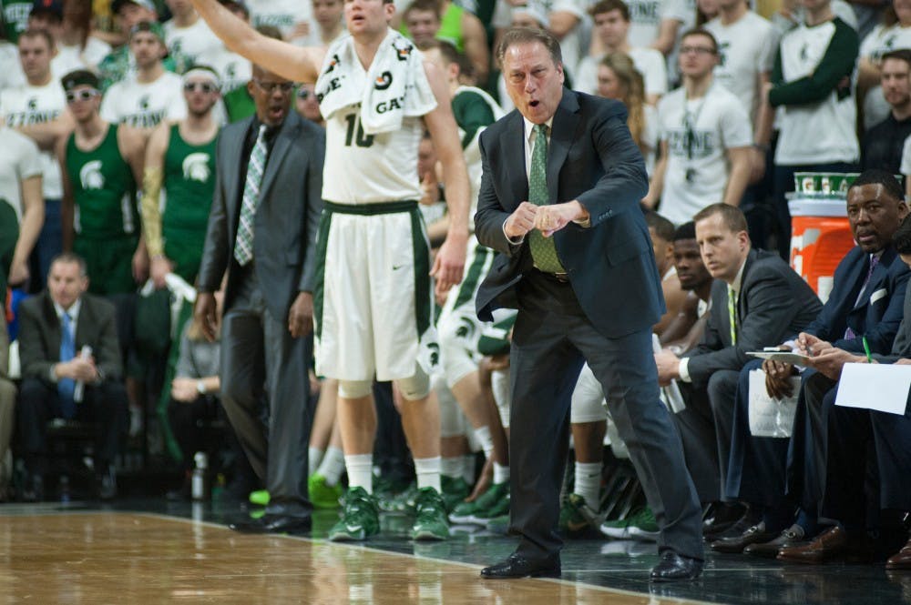 Head coach Tom Izzo yells at his team during the game against Ohio State on March 5, 2016 at Breslin Center. The Spartans defeated the Buckeyes, 91-76.