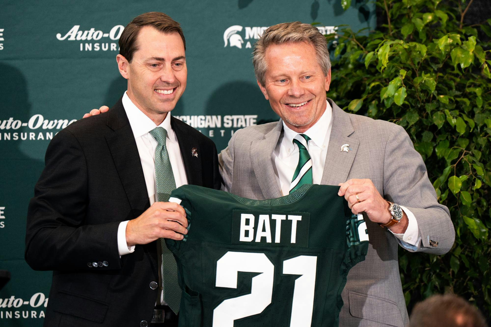 <p>Michigan State University President Kevin Guskiewicz and new Vice President and Athletic Director J Batt pose for a photo in East Lansing, Michigan on June 4, 2025.</p>
