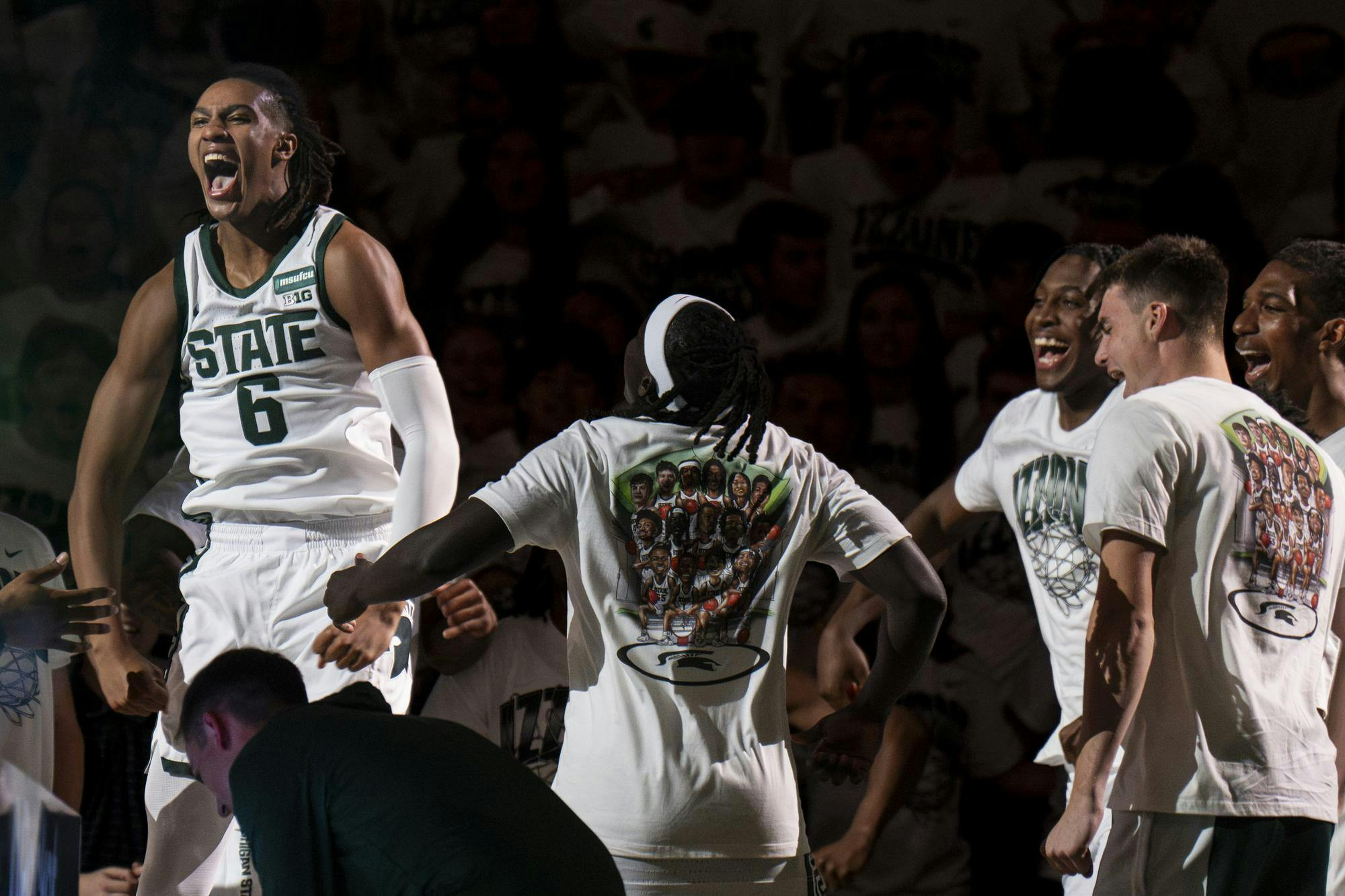 <p>Michigan State forward Jordan Scott (6) celebrates during starting lineup introductions during the Michigan State vs. Incarnate Word men's basketball exhibition game at Breslin Center in East Lansing, Mich., on Friday, Oct. 2, 2026.</p>