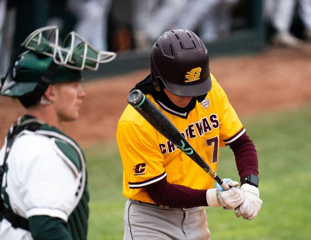 <p>Central Michigan graduate infielder Cole Kwiatkowski (7) prepares to swing at the Jeff Ishbia Field on April 9, 2025.</p>