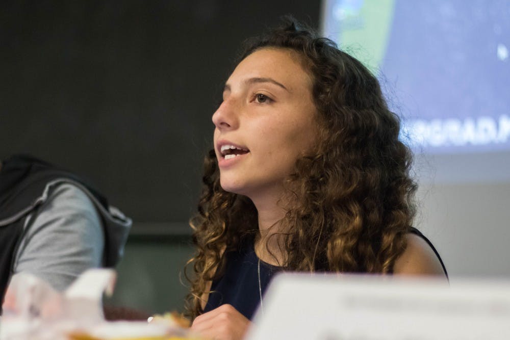 ASMSU President Katherine “Cookie” Rifiotis speaks during the General Assembly Meeting at the International Center on Sept. 20, 2018. Rifiotis is the spokesperson for MSU’s undergraduate students.