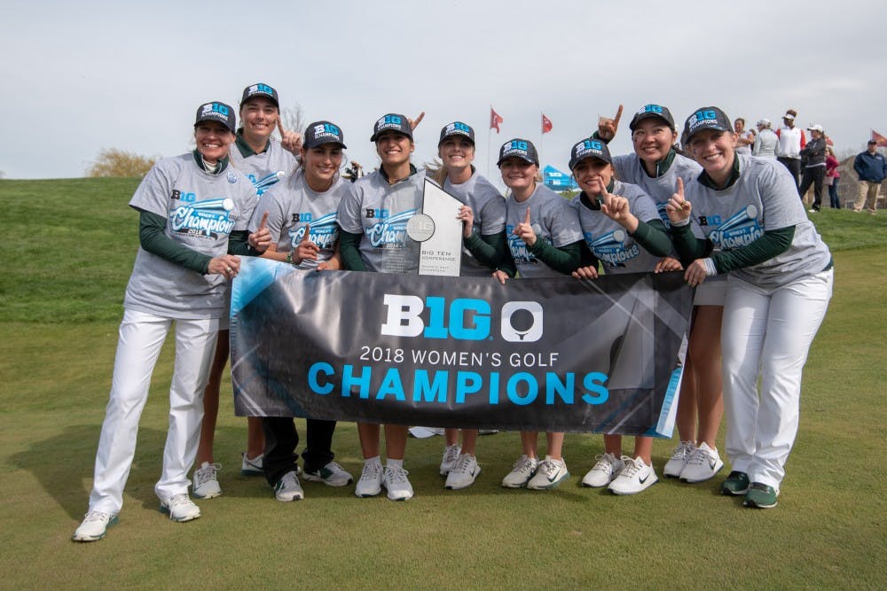 <p>The women's golf team celebrates its second-straight Big Ten Championship on April 22, 2018 at TPC River's Bend in Maineville, Ohio. Photo courtesy of MSU Athletic Communications</p>