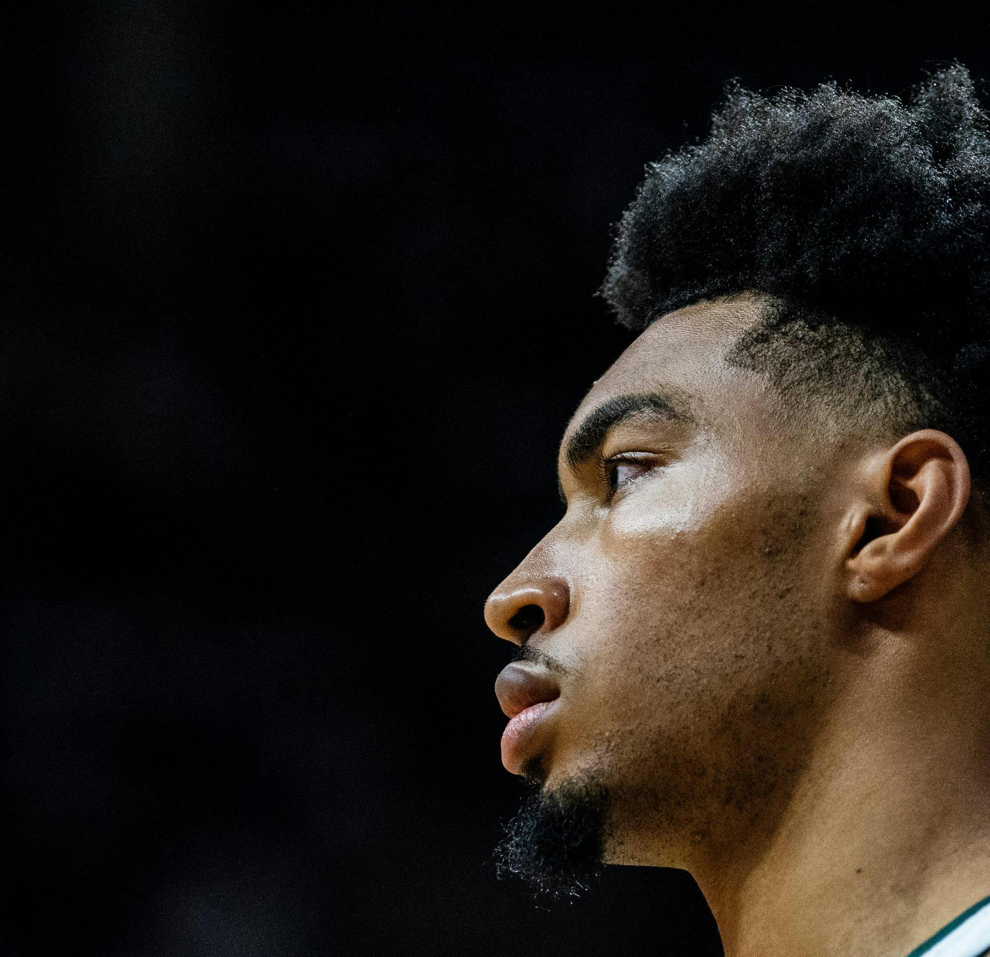 <p>Michigan State senior guard Jaden Akins (3) stares down the court at the Breslin Center on Jan. 28, 2025.</p>