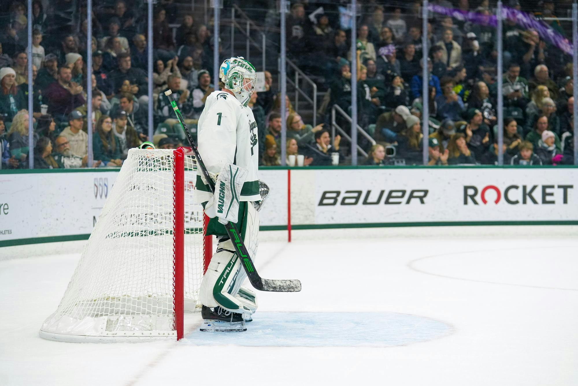 <p>Freshman goalie Trey Augustine (1) looking focused during a game against Penn State at the Munn Ice Arena on Nov. 10, 2023. Augustine would end the game with 37 saves. The Nittany Lions would convert two out of 4 shootout attempts against Augustine on their way to victory.</p>