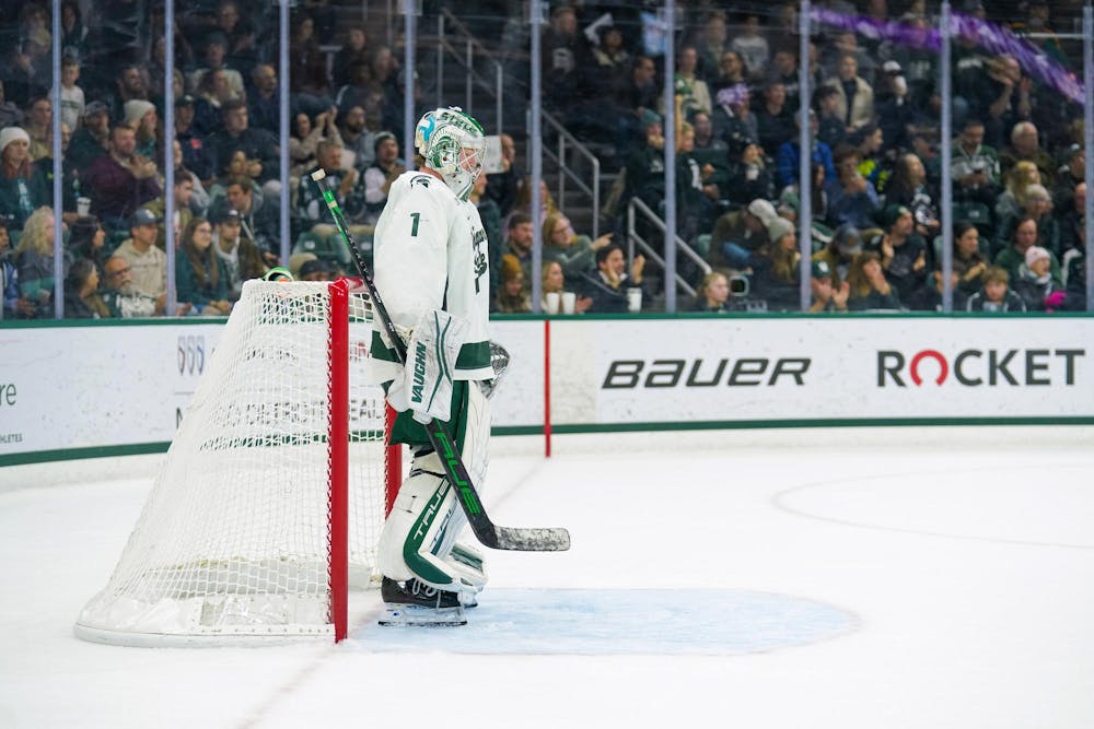 <p>Freshman goalie Trey Augustine (1) looking focused during a game against Penn State at the Munn Ice Arena on Nov. 10, 2023. Augustine would end the game with 37 saves. The Nittany Lions would convert two out of 4 shootout attempts against Augustine on their way to victory.</p>