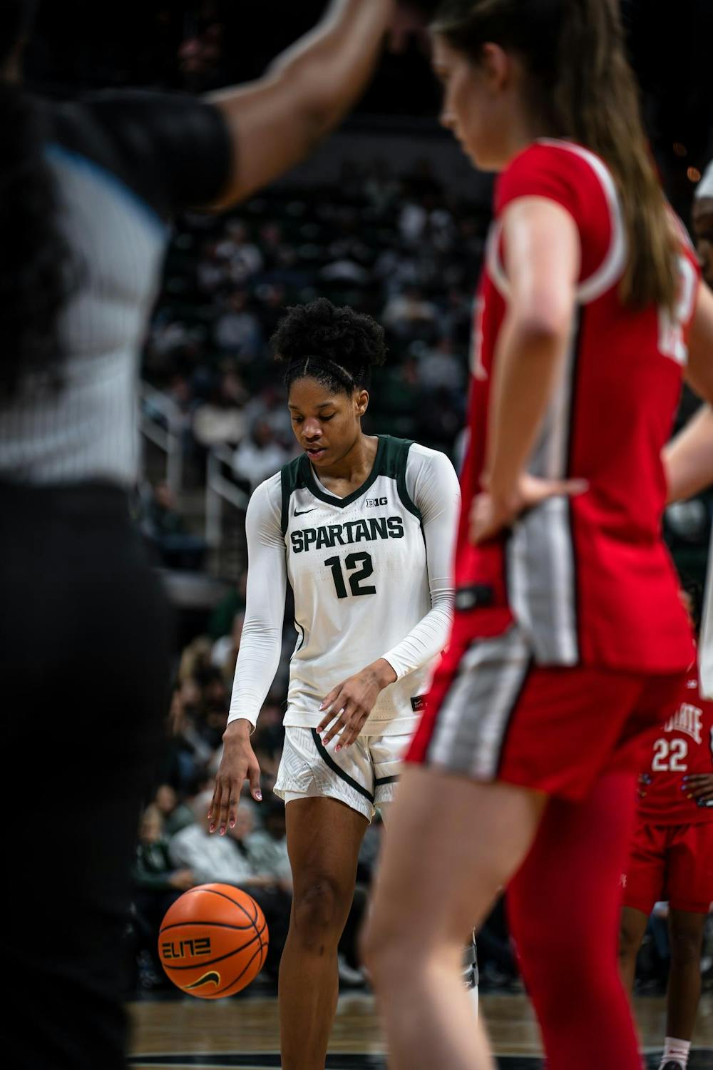 <p>Isaline Alexander (12), senior forward for Michigan State University, prepares for a free throw against Ohio State University at the Breslin Center in East Lansing, Michigan, on Sunday, March 1, 2026.</p>