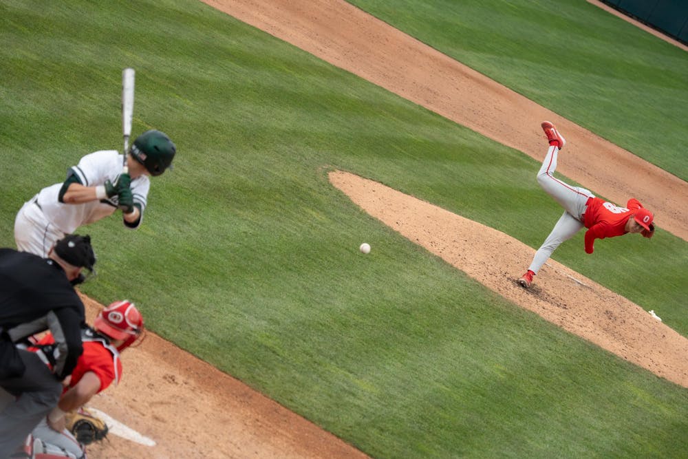 <p>Ohio State freshman pitcher Gavin Kuzniewski (48) throws the ball at McLane Stadium on April 19, 2025. </p>