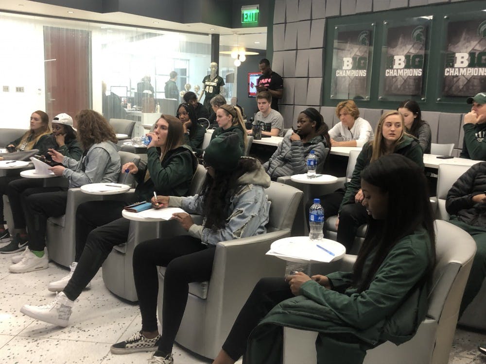 The Spartan women's basketball team wait to hear who they face in the NCAA tournament on March 18, 2019. 