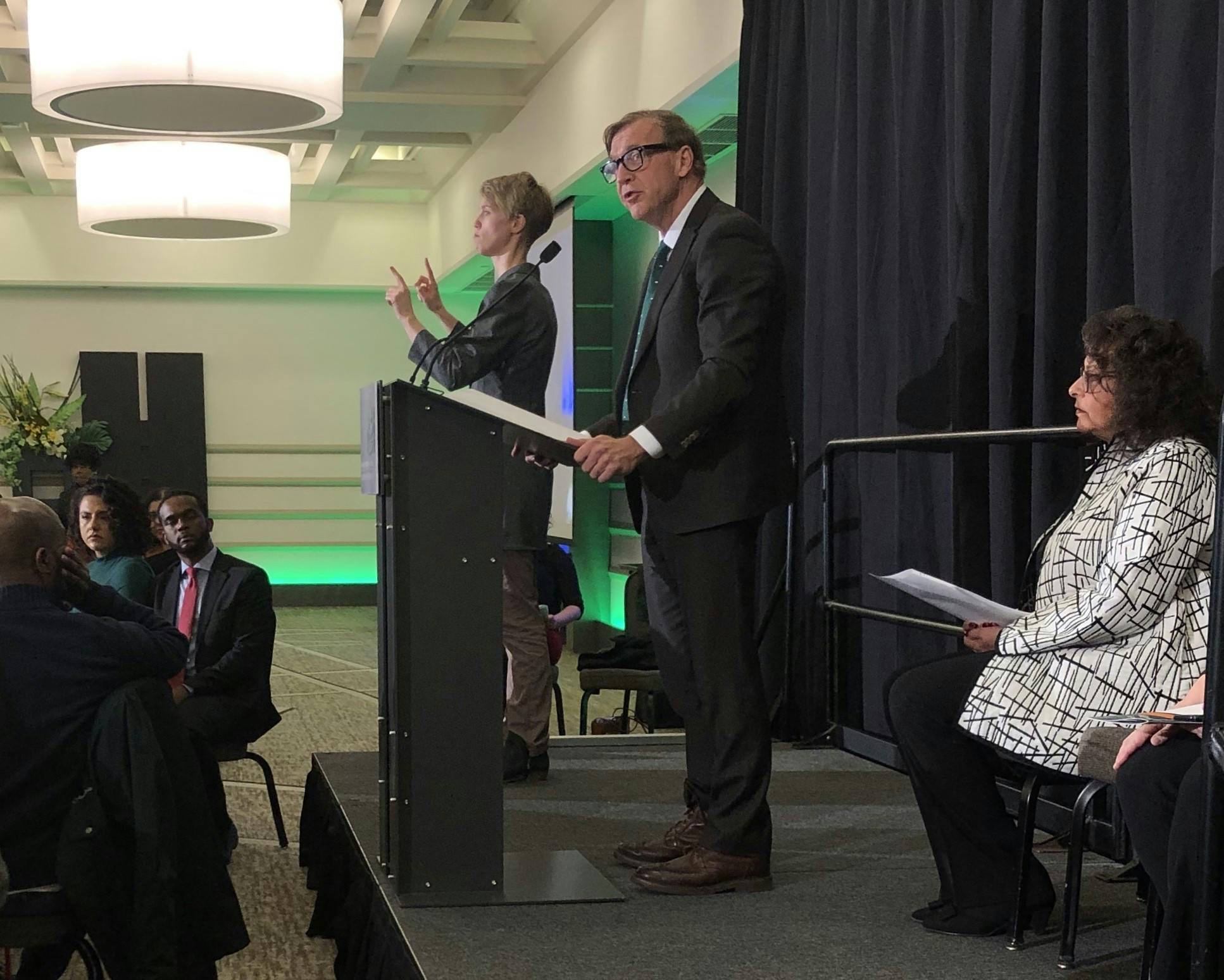 President Samuel L. Stanley, Jr. gives his welcome speech at the Excellence in Diversity Awards. This was the first time Stanley has attended and spoken at this ceremony. 