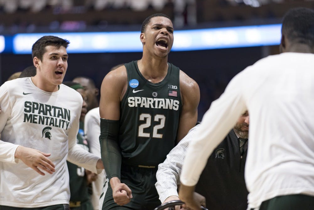 Freshman forward Miles Bridges (22) yells after a call during the second half of the game against University of Kansas in the second round of the Men's NCAA Tournament on March 19, 2017 at  at the BOK Center in Tulsa, Okla.The Spartans were defeated by the Jayhawks, 90-70.