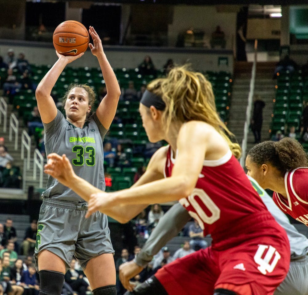 Senior center Jenna Allen (33) shoots a free throw during the game against Indiana on Feb.11, 2019. The Spartans lead the Hoosiers 33-30 at halftime.