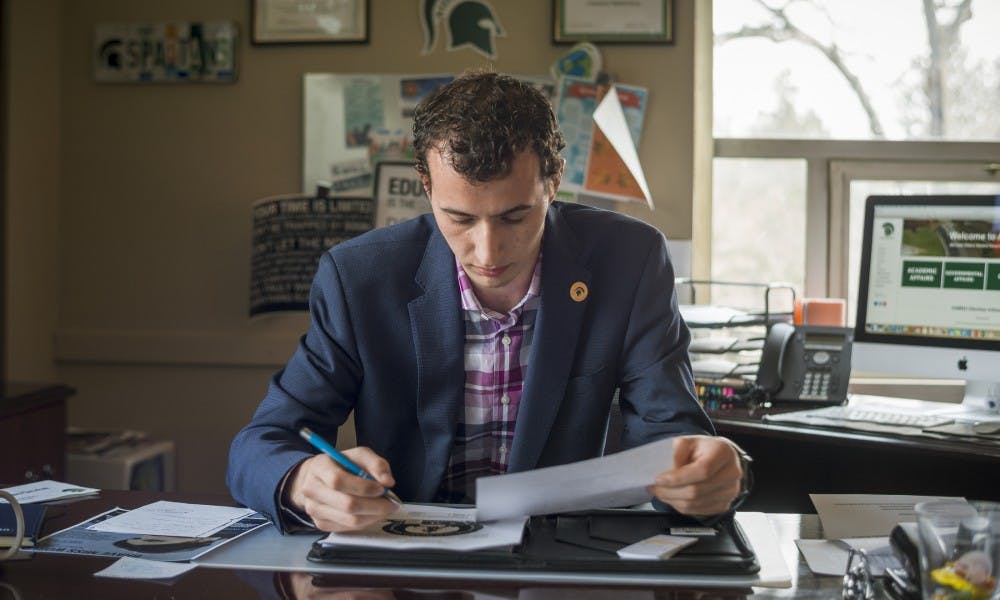 International relations junior Lorenzo Santavicca poses for for a portrait on March 23, 2017 at Student Services. This is Santavicca's first year as the president of ASMSU.