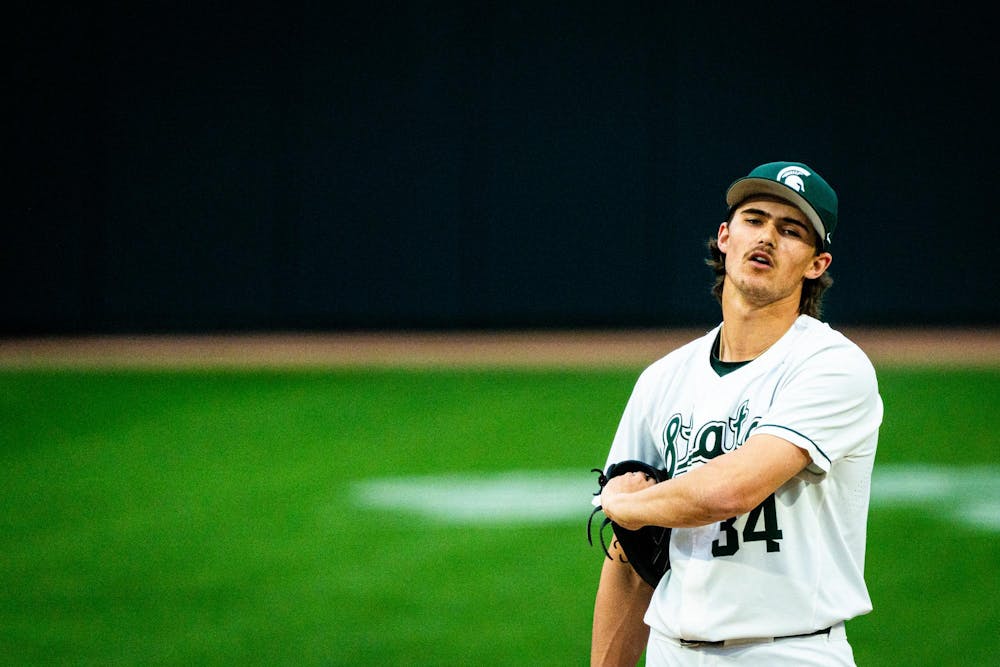 MSU sophomore Logan Pikur (34) reacts to walking a batter during a game at McLane Stadium on April 13, 2025.
