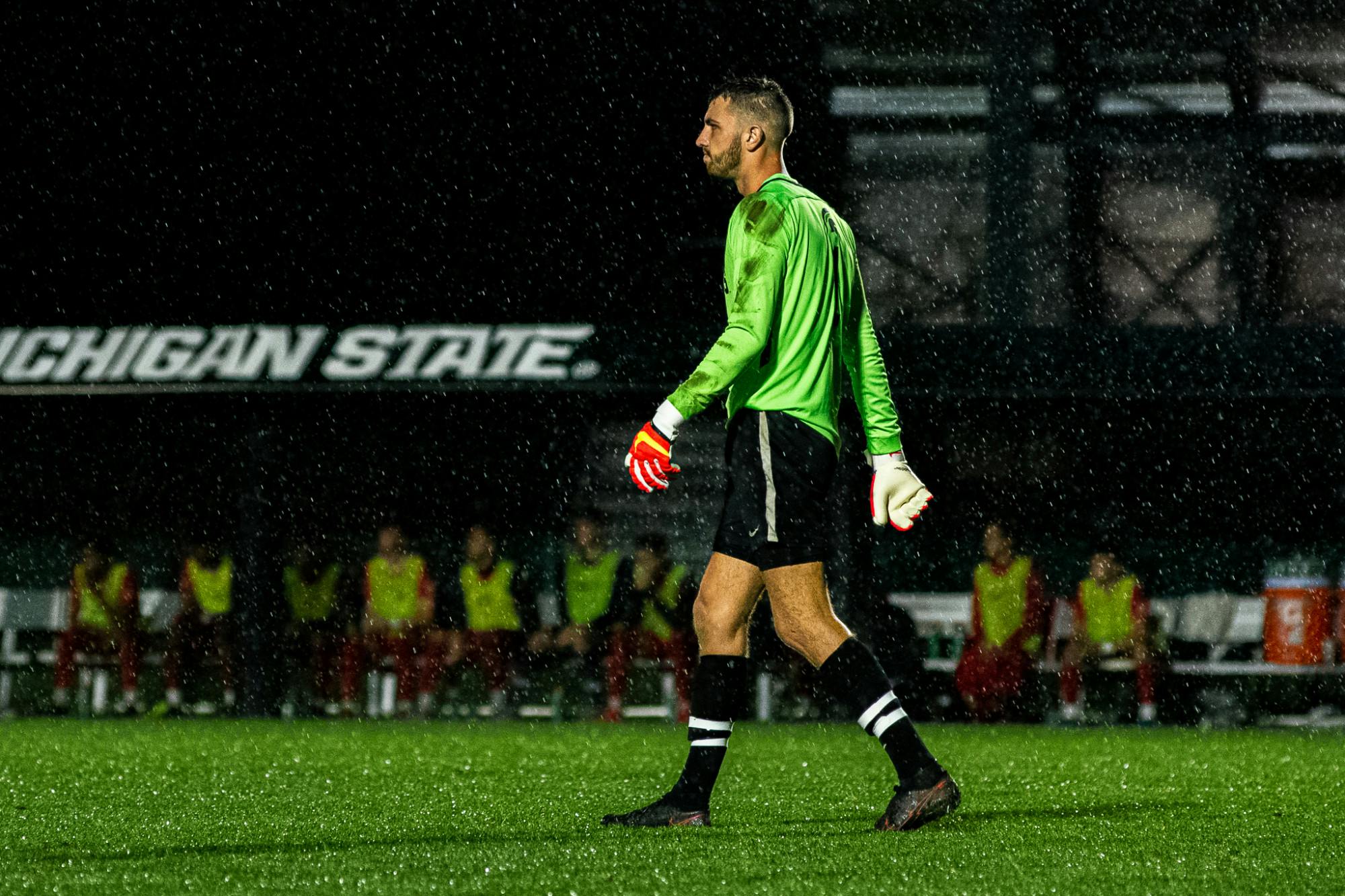 <p>Redshirt senior goalkeeper Hunter Morse walks away from the net. Michigan State men&#x27;s soccer team defeated Duquesne 1-0 on Sept. 21, 2021 in East Lansing.</p>