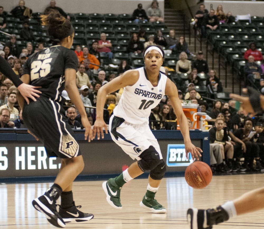 during the women's basketball Big Ten championship game against Purdue on March 4, 2016 at Bankers Life Fieldhouse in Indianapolis. The Spartans ***defeated*** the Boilermakers, ***-***.