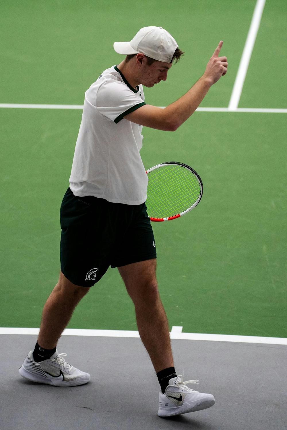 <p>Michigan State freshman Mitchell Sheldon (0) hypes himself up after a successful play during his match at the MSU Tennis Center on March 29, 2025. Michigan State won against Penn State, 4-2.</p>