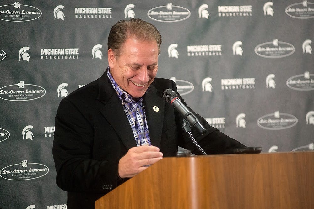 <p>Head coach Tom Izzo speaks to the media during men's basketball media day on Oct. 28, 2014, at Breslin Center. Julia Nagy/The State News</p>