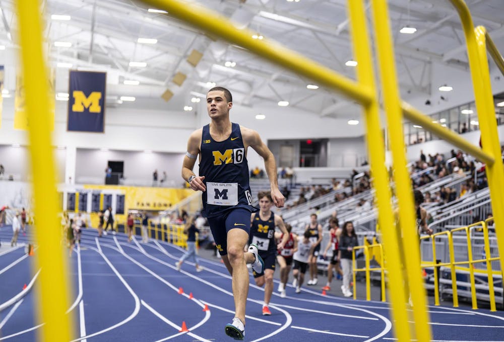 <p>UM sophomore Amit Rutman runs the men's 60 meter final at the Silverston Invitational track and field competition held in Ann Arbor, Mich. on Feb. 20, 2026.</p>