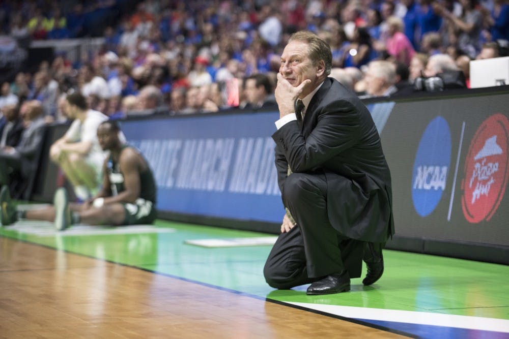 Head coach Tom Izzo reacts during the second half of the game against University of Kansas in the second round of the Men's NCAA Tournament on March 19, 2017 at  at the BOK Center in Tulsa, Okla.The Spartans were defeated by the Jayhawks, 90-70.
