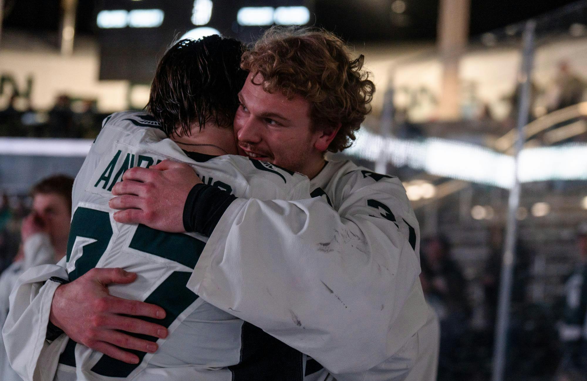 <p>Michigan State graduate defender Nicklas Andrews (27) hugs sophomore goalie Luca Di Pasquo (31) at Munn Ice Arena on Feb. 22, 2025. The Spartans lost 3-2 to the Nittany Lions.</p>