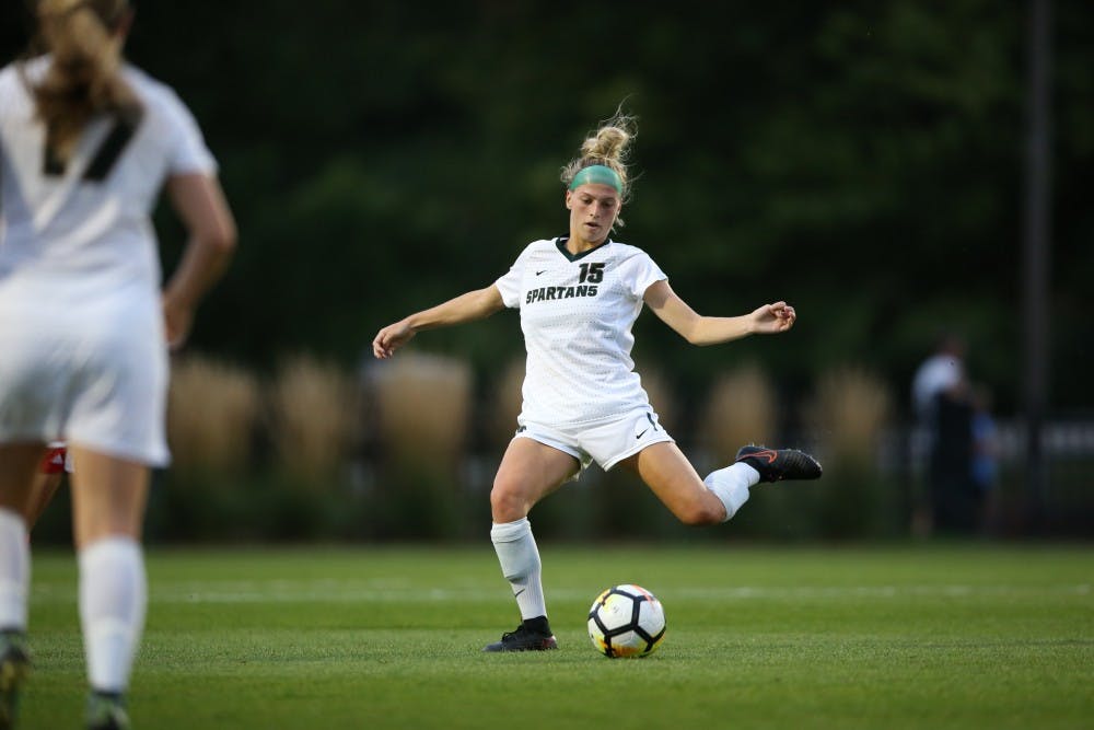 Senior Jaime Cheslik takes a shot in Thursday's 1-0 loss to Indiana. Photo courtesy of Matt Mitchell MSU Athletic Communications 