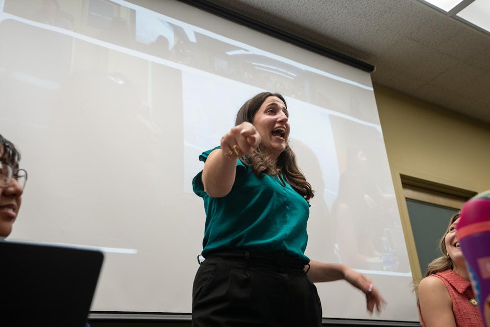 ASMSU future President, Maddie Hanes, addresses the public and points after being elected for ASMSU President in the Student Affairs & Services building in East Lansing, MI on April 14, 2026.