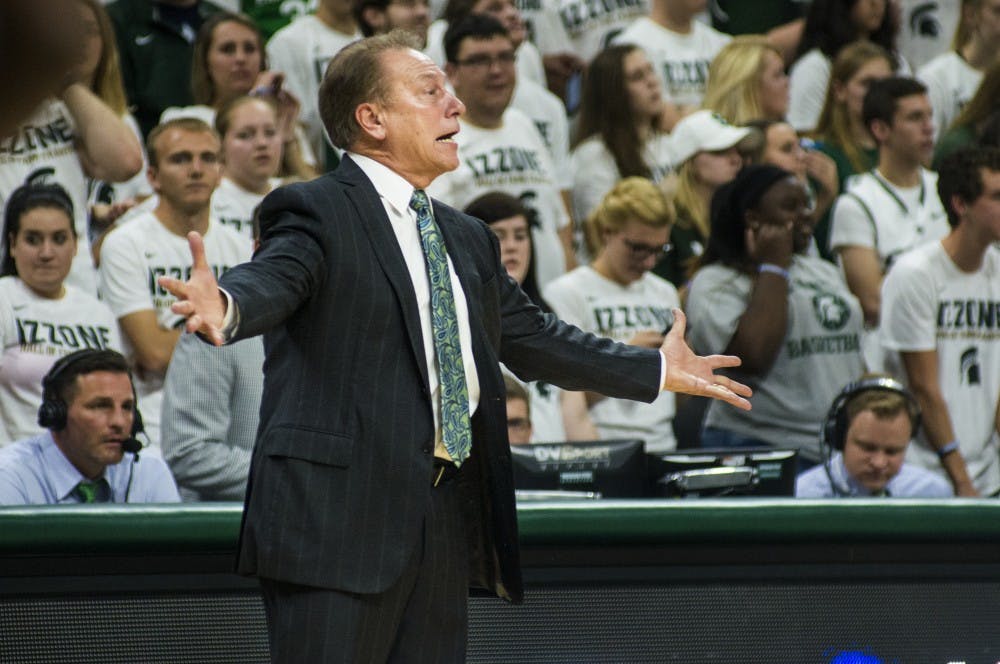 Head coach Tom Izzo reacts to a call during the game against Mississippi Valley State on Nov. 18, 2016 at Breslin Center. The Spartans defeated the Delta Devils, 100-53.