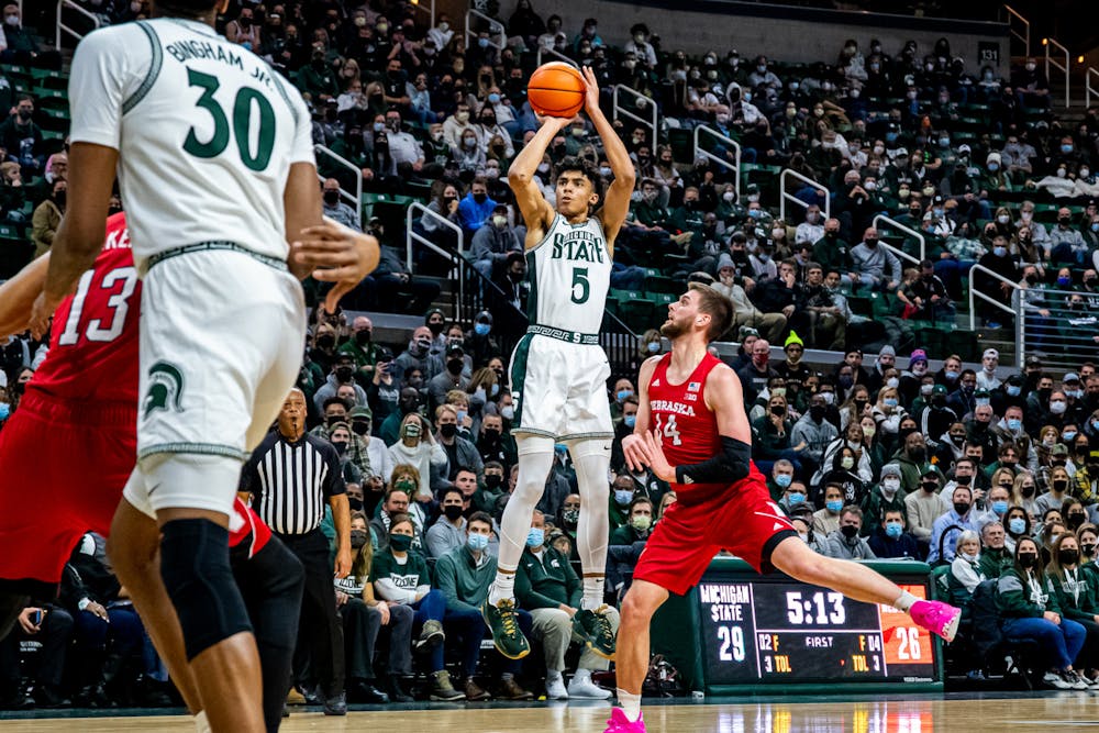 Freshman guard Max Christie takes a shot during the first half of the Spartans' game against Nebraska on Jan. 5, 2022 at the Breslin Center in East Lansing, Michigan.