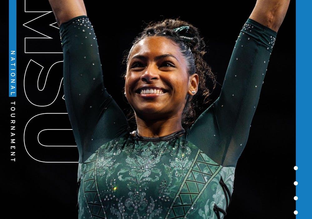 Michigan State sophomore MaKayla Tucker competes on vault during the Big Ten Championship at the Crisler Center in Ann Arbor, Michigan on March 22, 2025. Michigan State fell behind by 0.3 in the end, with UCLA finishing at 198.450 and MSU at 198.150.