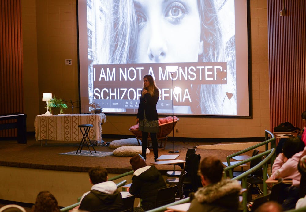 Founder of Students with Schizophrenia Cecilia McGough speaks to the audience during the Embrace the Rain event at the Erickson Hall Kiva on November 13, 2019. 