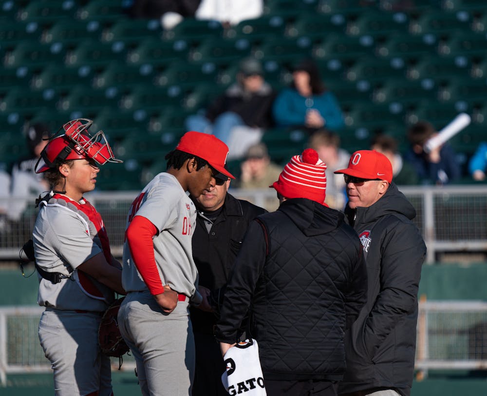 <p>OSU in a huddle to change pitchers after struggling early to hold back MSU at Jackson Field on April 7, 2023.</p>