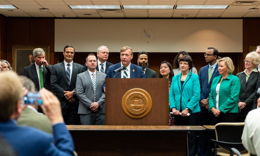 MSU president designee Samuel L. Stanley Jr. speaks during a press conference at the Hannah Administration Building on May 28, 2019.