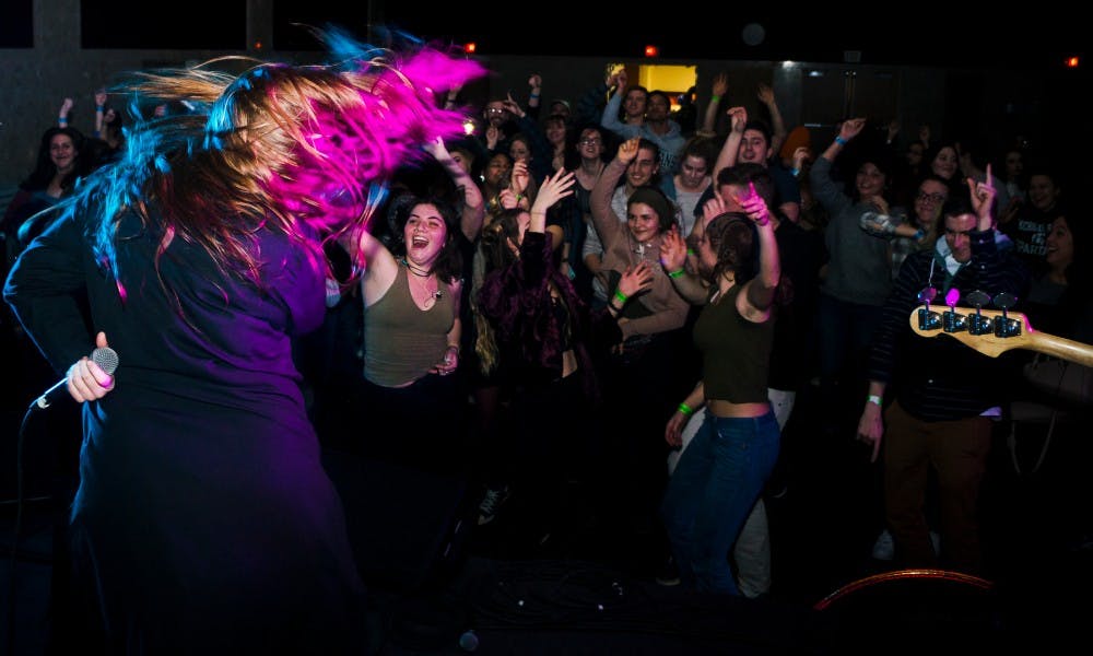 Flint Eastwood performs a song during Bands in the Ballroom on Feb. 9, 2017 at the Union. Three bands Native to Michigan played in the show. Flint Eastwood, a group from Detroit, Desmond Jones from Grand Rapids and East Lansing band The War Balloons, who opened up the show.