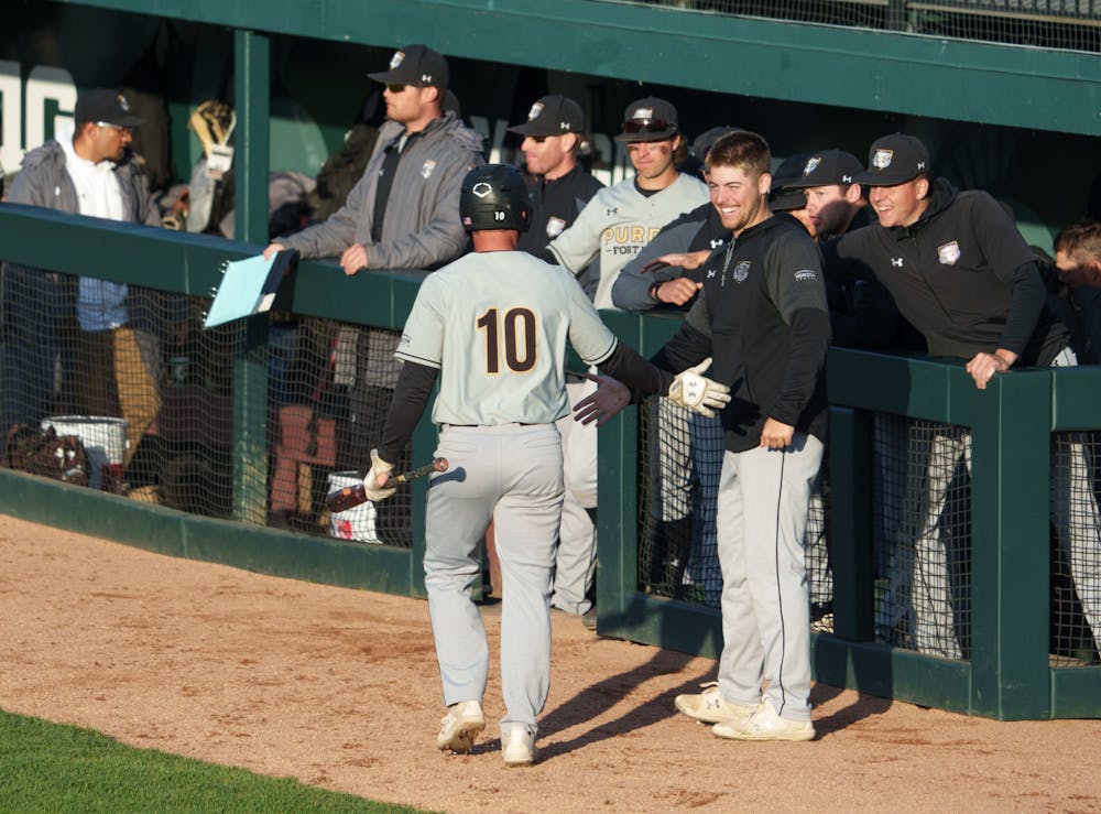 Purdue Fort Wayne appears to celebrate after junior outfielder Ben Higgins (10) scored Purdue Fort Wayne's first run in the fourth inning. Michigan State won 7-4 against Purdue Fort Wayne at the McLane Stadium, on Apr. 27, 2022.