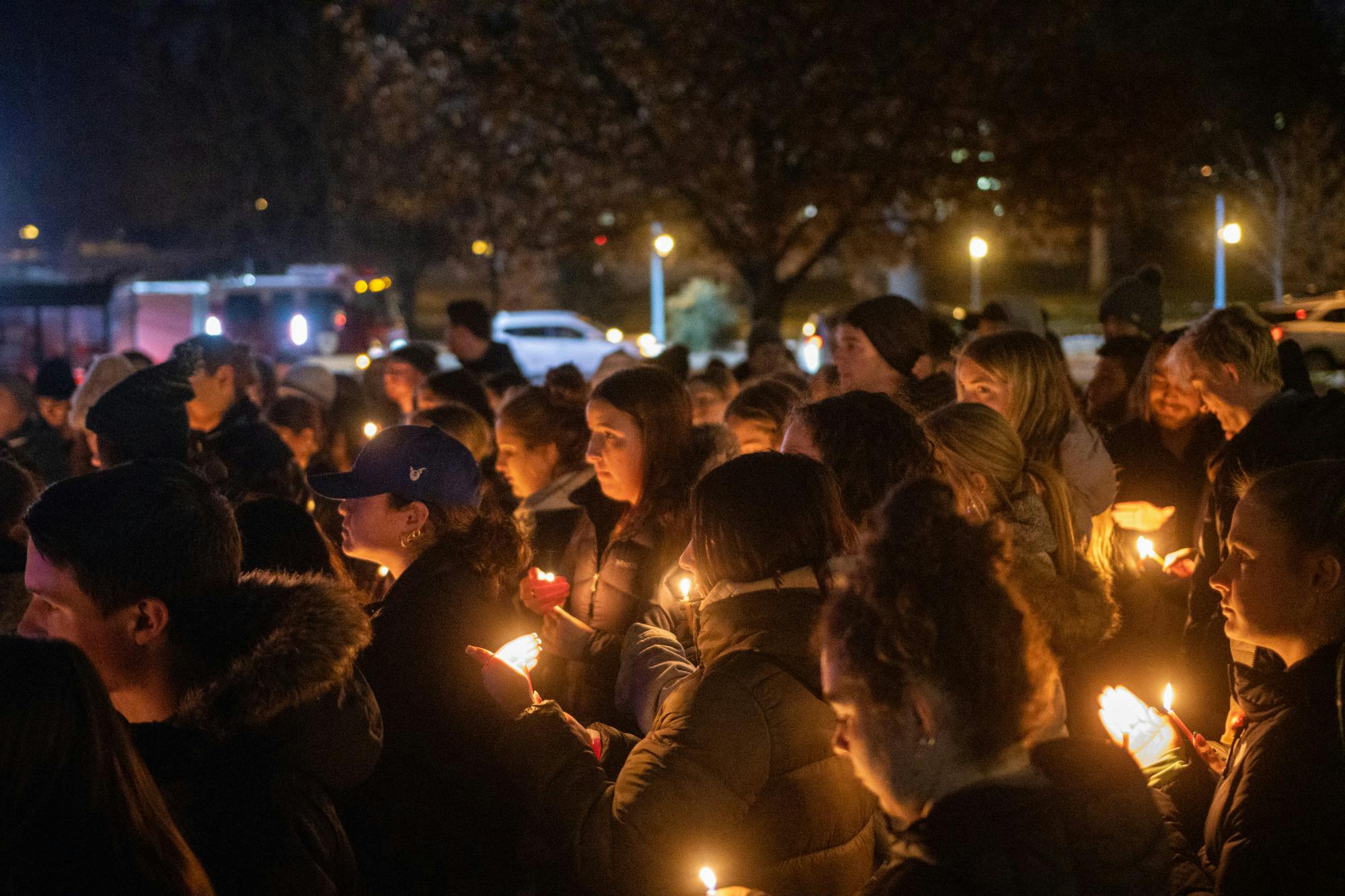 <p>MSU students gather outside despite the cold to celebrate Hanukkah with the lighting of the Menorah at the Union on Dec. 1, 2021.</p>